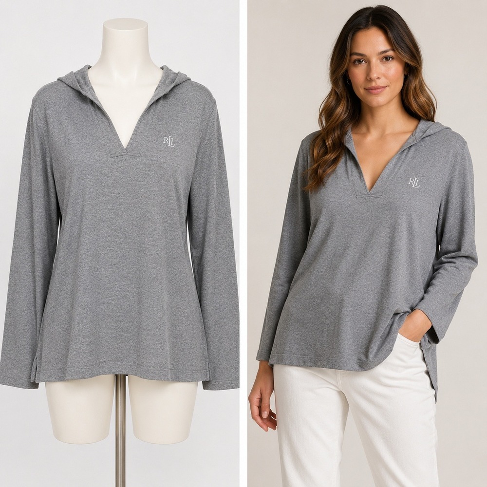 Lauren Ralph Lauren Hoodie Women S Gray V-Neck Pullover Long Sleeve RLL Logo Top